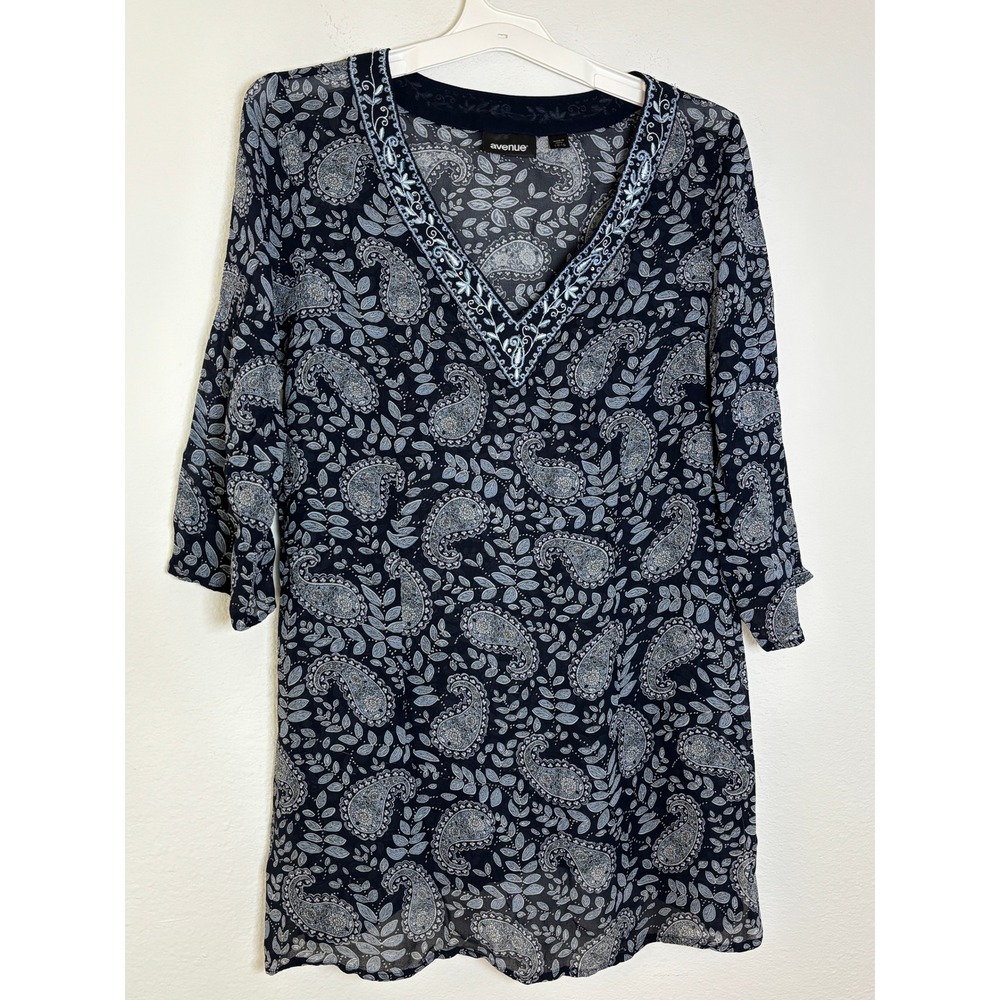 Avenue Navy Blue Paisley Embroidered V-Neck Tunic Top 3/4 Sleeve Plus Size 14/16